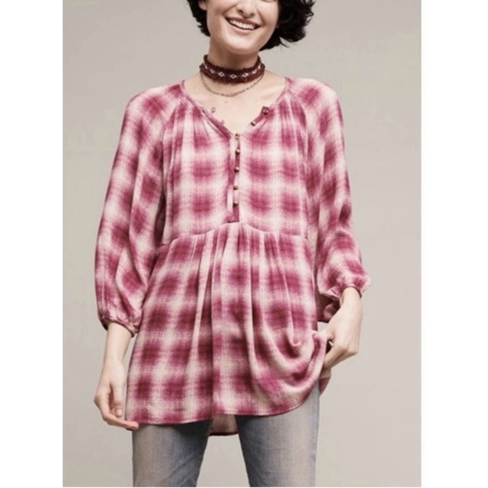Anthropologie Maeve Size-M‎ Womens Blouse Cavalon Plaid Peplum Bohemian Western